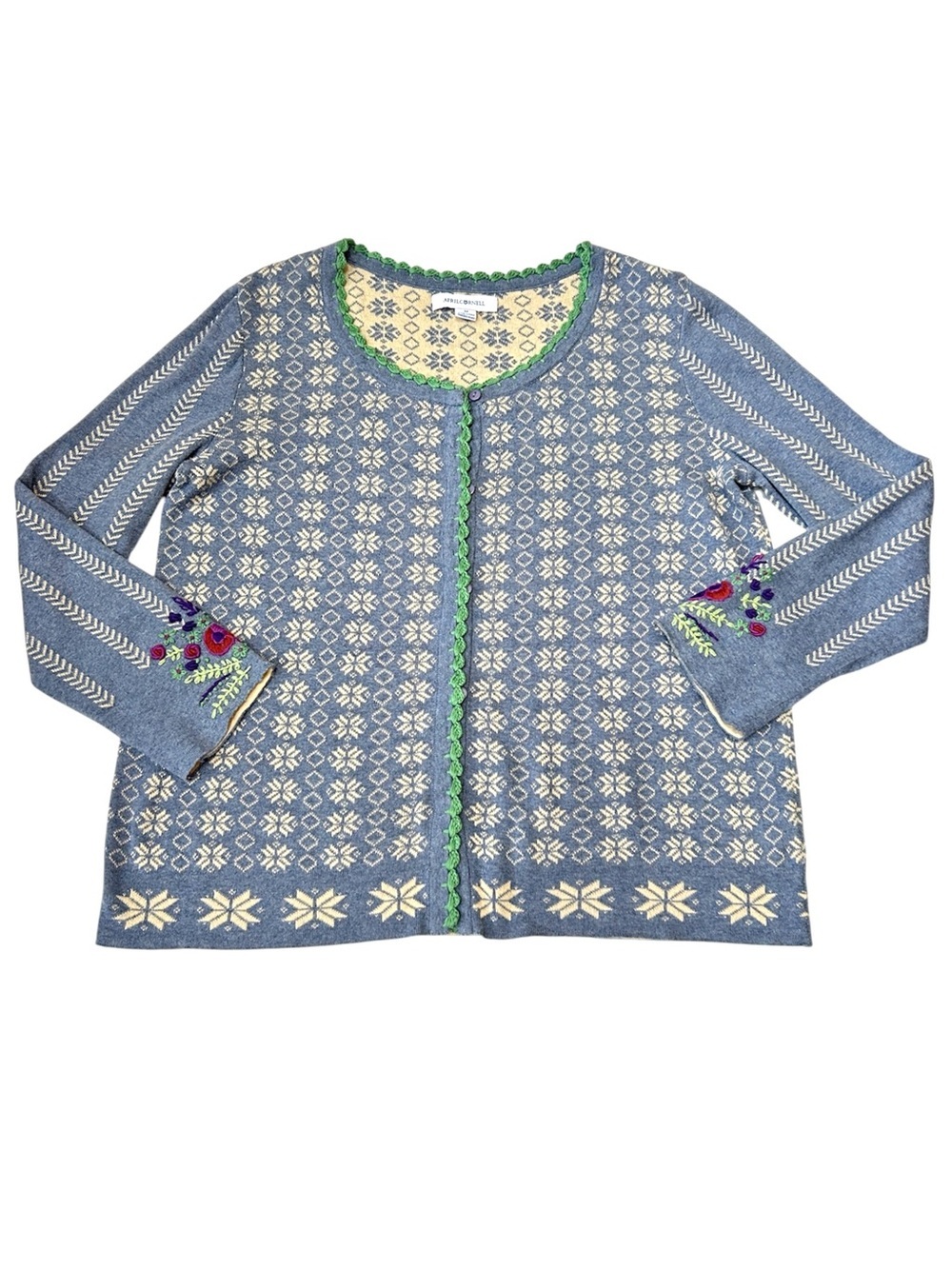 April Cornell Blue Embroidered Nordic Scandinavian Floral Cardigan, Size Medium